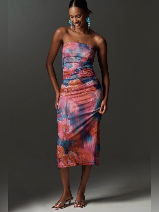 Anthropologie Dresses & Skirts - Anthropologie The Soleil Slim Strapless Ruched Mesh Dress XL Lined NWT